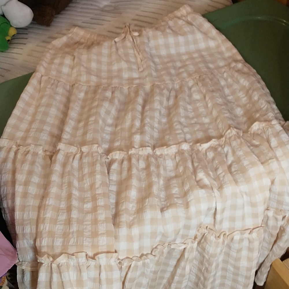 Tan & White Gingham Midi Skirt